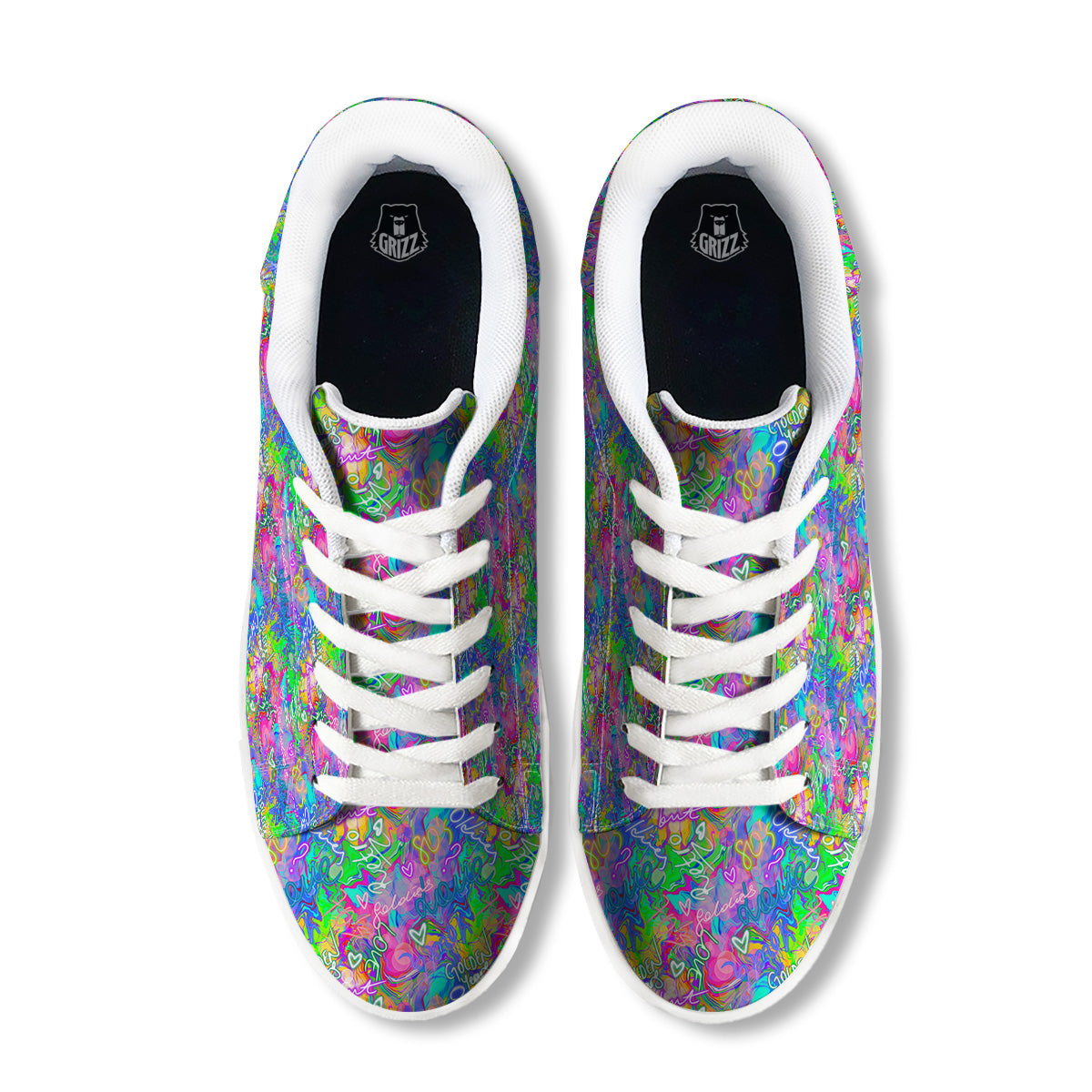 Abstract Graffiti Hand Drawing Neon Retro Print Pattern White Low Top Sneakers-grizzshop