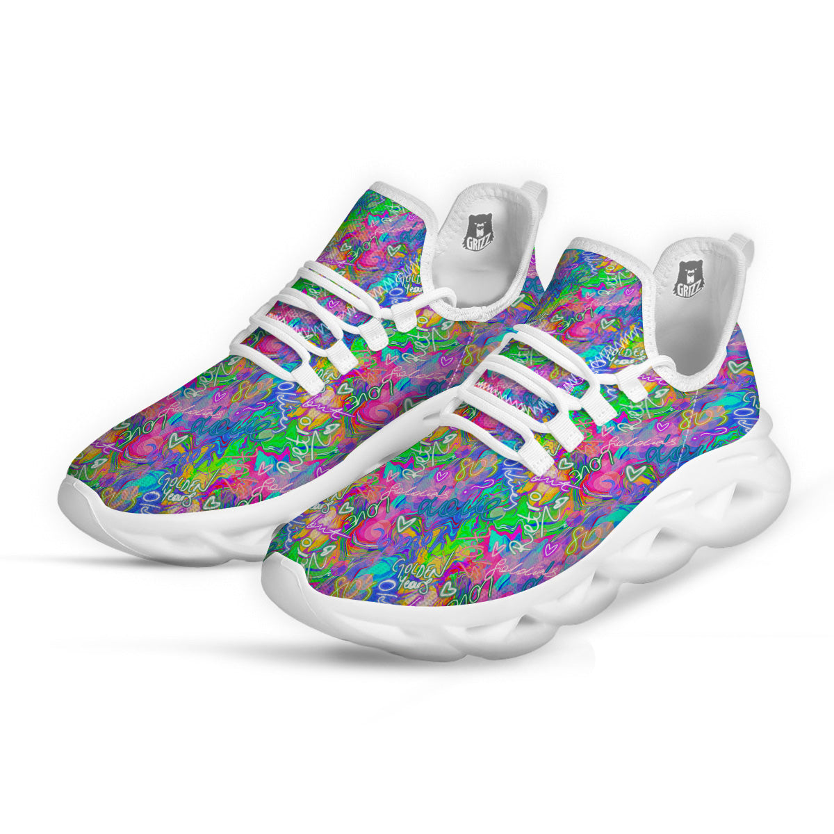 Abstract Graffiti Hand Drawing Neon Retro Print Pattern White Running Shoes-grizzshop