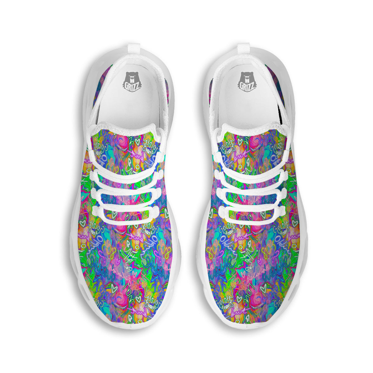 Abstract Graffiti Hand Drawing Neon Retro Print Pattern White Running Shoes-grizzshop