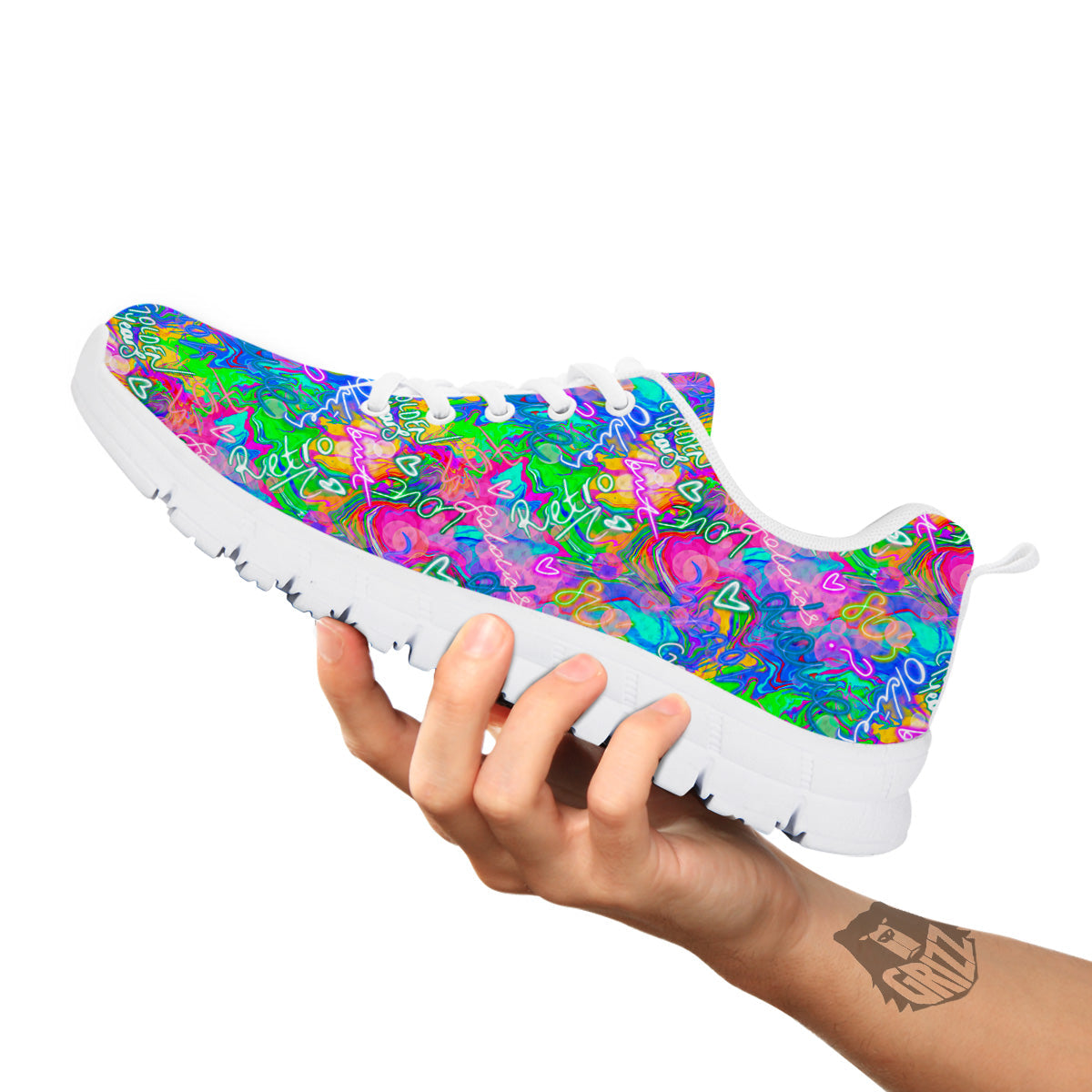 Abstract Graffiti Hand Drawing Neon Retro Print Pattern White Sneaker-grizzshop