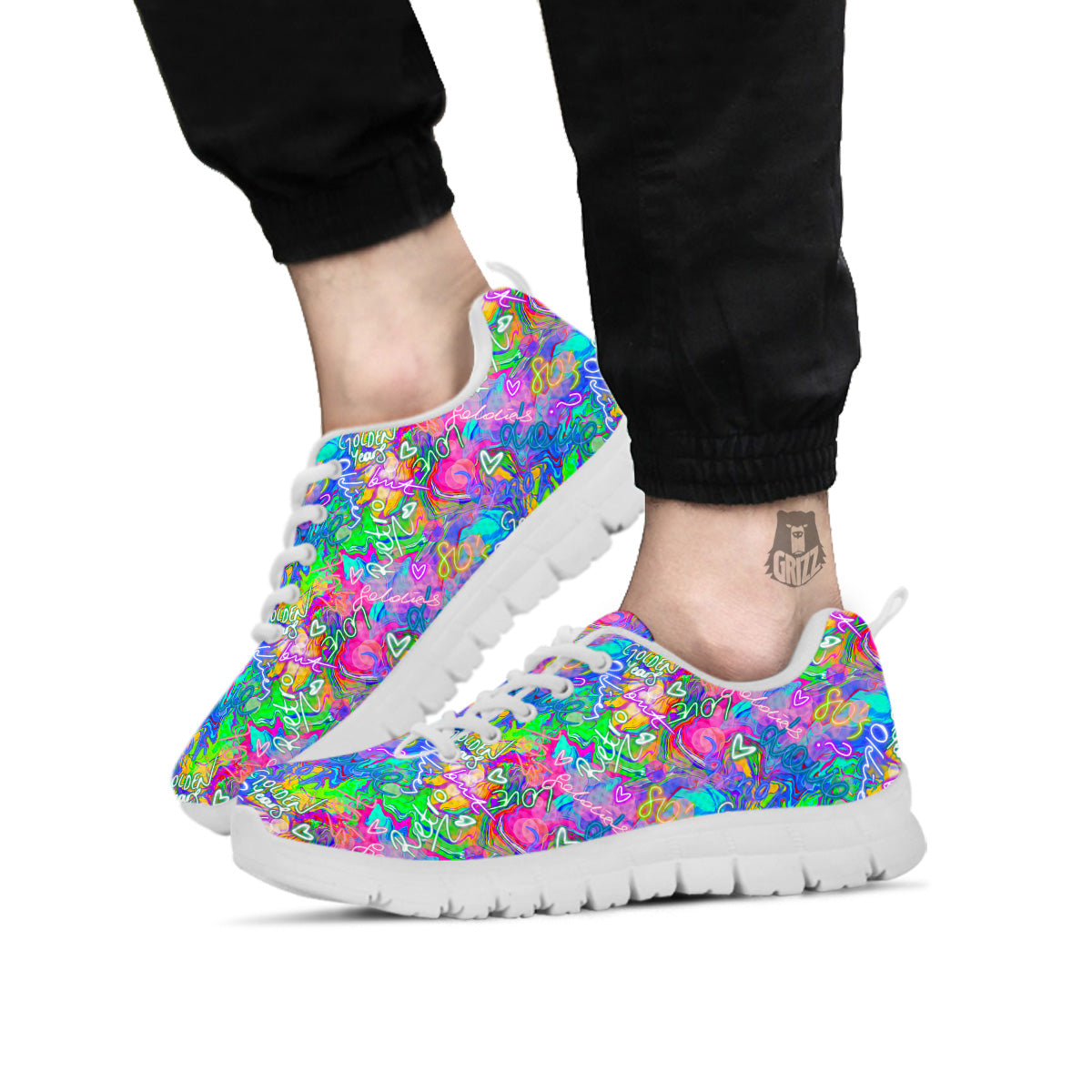 Abstract Graffiti Hand Drawing Neon Retro Print Pattern White Sneaker-grizzshop