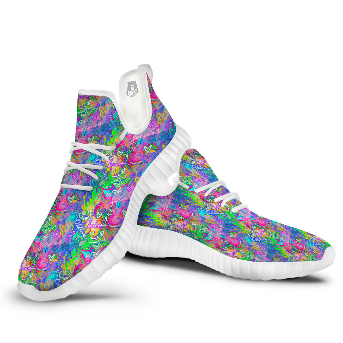 Abstract Graffiti Hand Drawing Neon Retro Print Pattern White Walking Shoes-grizzshop