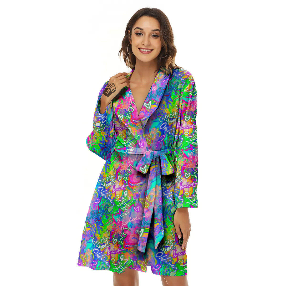 Abstract Graffiti Hand Drawing Neon Retro Print Pattern Women's Robe-grizzshop