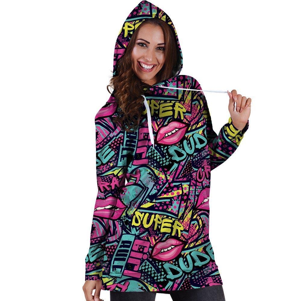 Abstract Graffiti Hiphop Lip Hoodie Dress-grizzshop