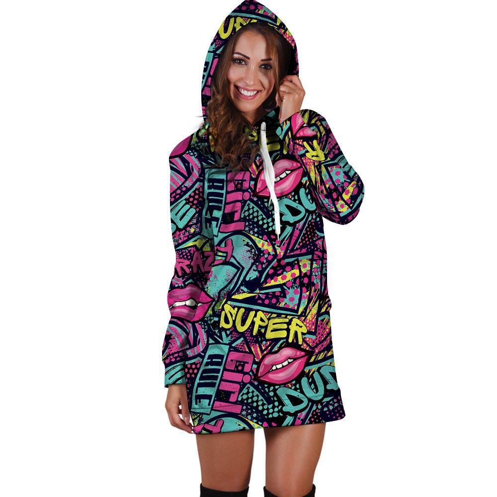 Abstract Graffiti Hiphop Lip Hoodie Dress-grizzshop