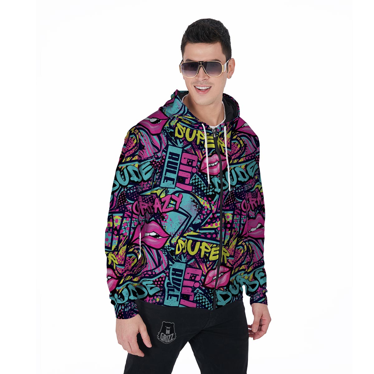 Abstract Graffiti Hiphop Lip Men's Zip Up Hoodie-grizzshop