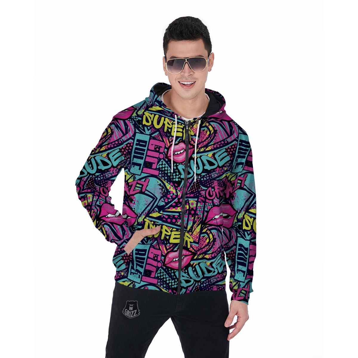 Abstract Graffiti Hiphop Lip Men's Zip Up Hoodie-grizzshop