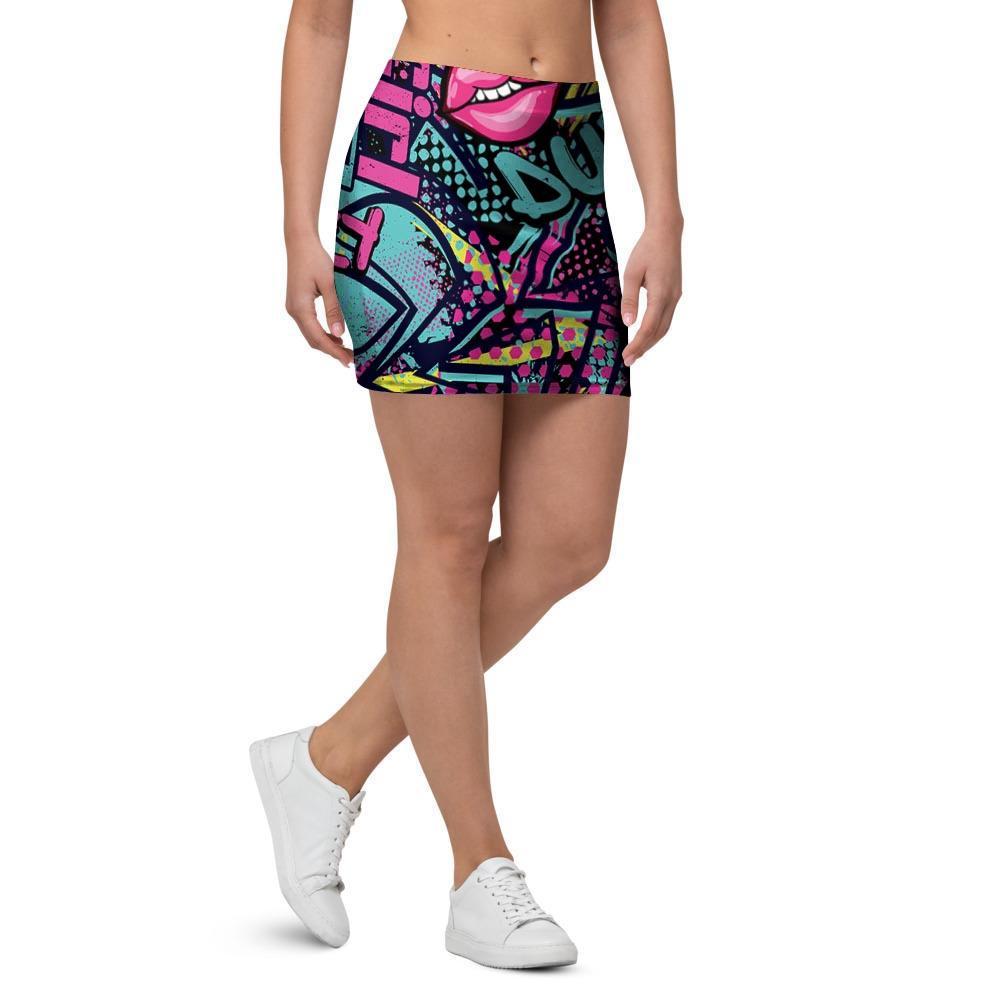 Abstract Graffiti Hiphop Lip Mini Skirt-grizzshop