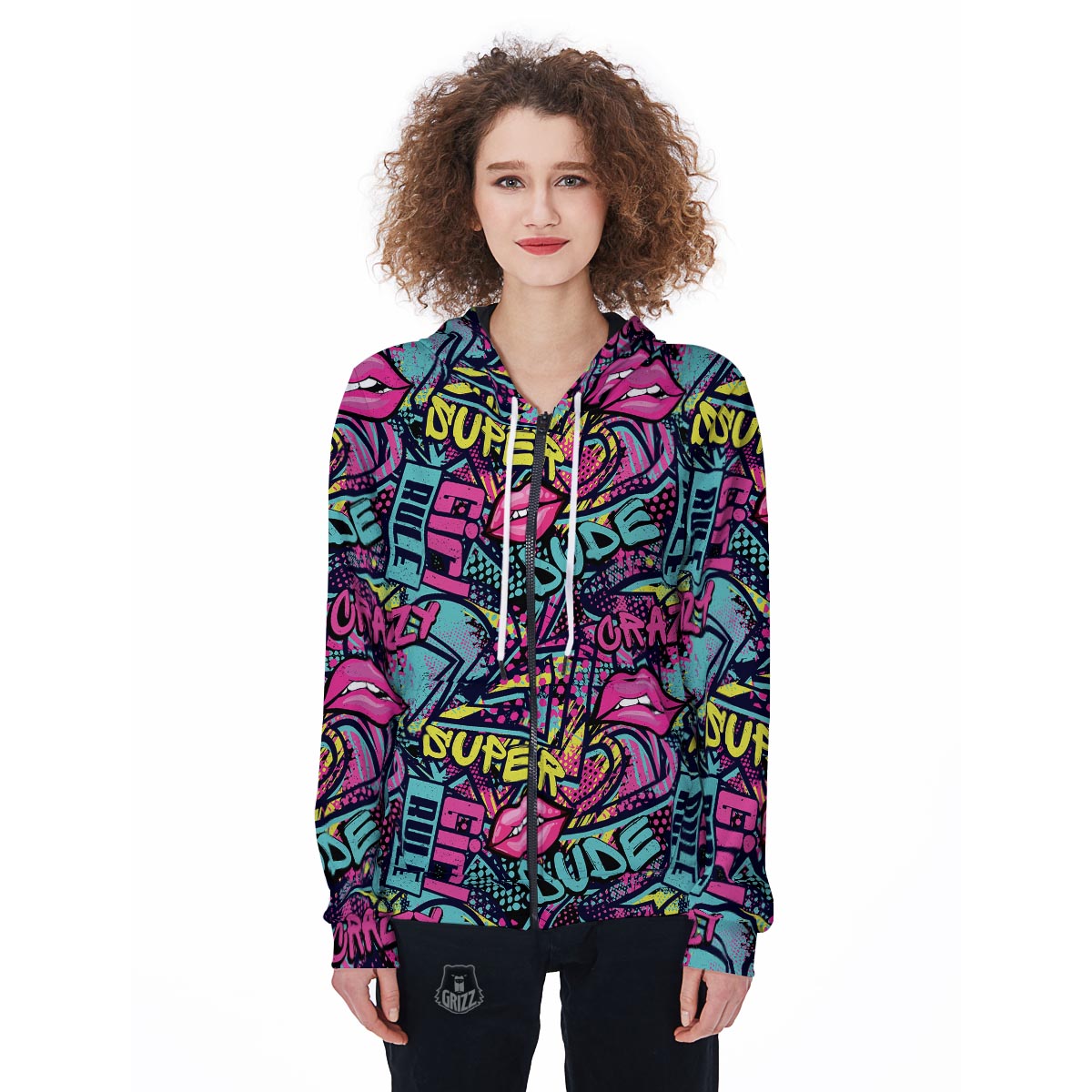 Abstract Graffiti Hiphop Lip Women's Zip Up Hoodie-grizzshop