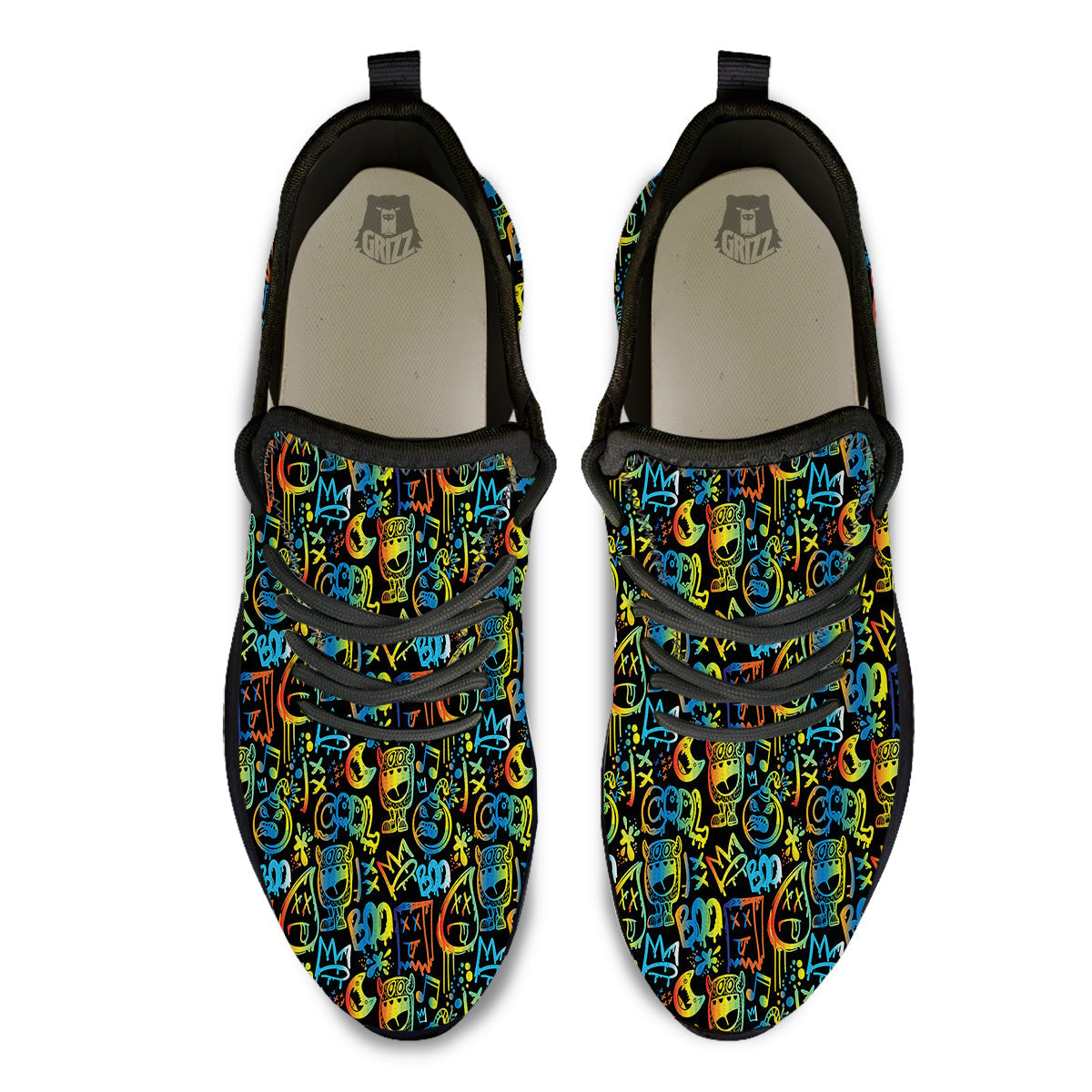 Abstract Graffiti Neon Monsters Print Pattern Black Athletic Shoes-grizzshop