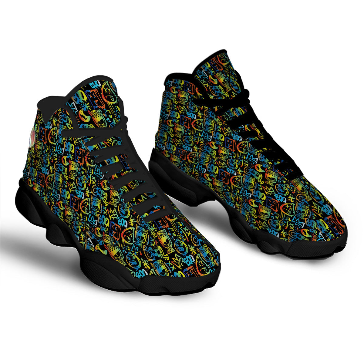 Abstract Graffiti Neon Monsters Print Pattern Black Basketball Shoes-grizzshop