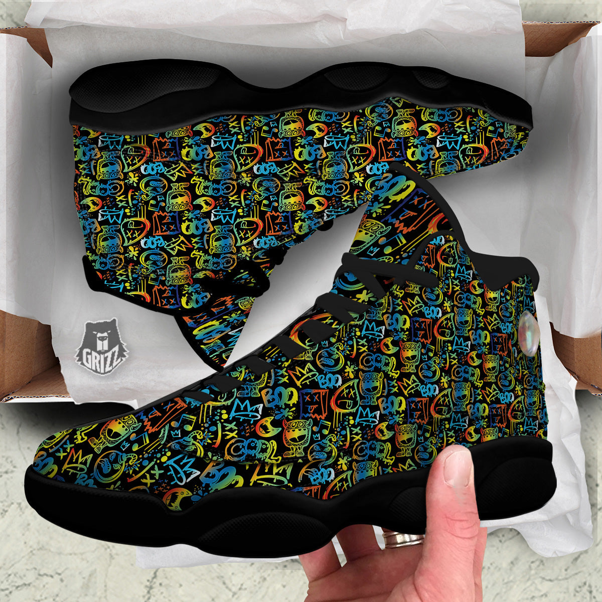 Abstract Graffiti Neon Monsters Print Pattern Black Basketball Shoes-grizzshop
