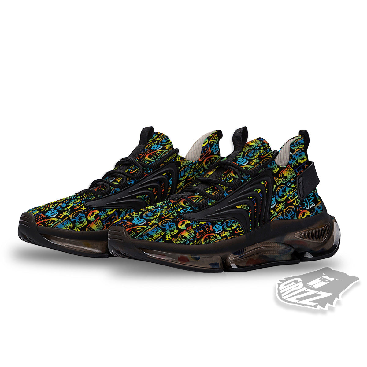 Abstract Graffiti Neon Monsters Print Pattern Black Gym Shoes-grizzshop