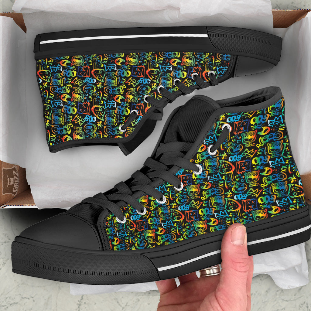 Abstract Graffiti Neon Monsters Print Pattern Black High Top Shoes-grizzshop