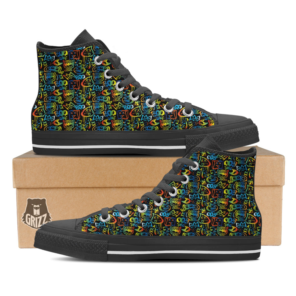 Abstract Graffiti Neon Monsters Print Pattern Black High Top Shoes-grizzshop