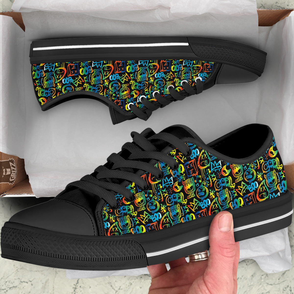 Abstract Graffiti Neon Monsters Print Pattern Black Low Top Shoes-grizzshop