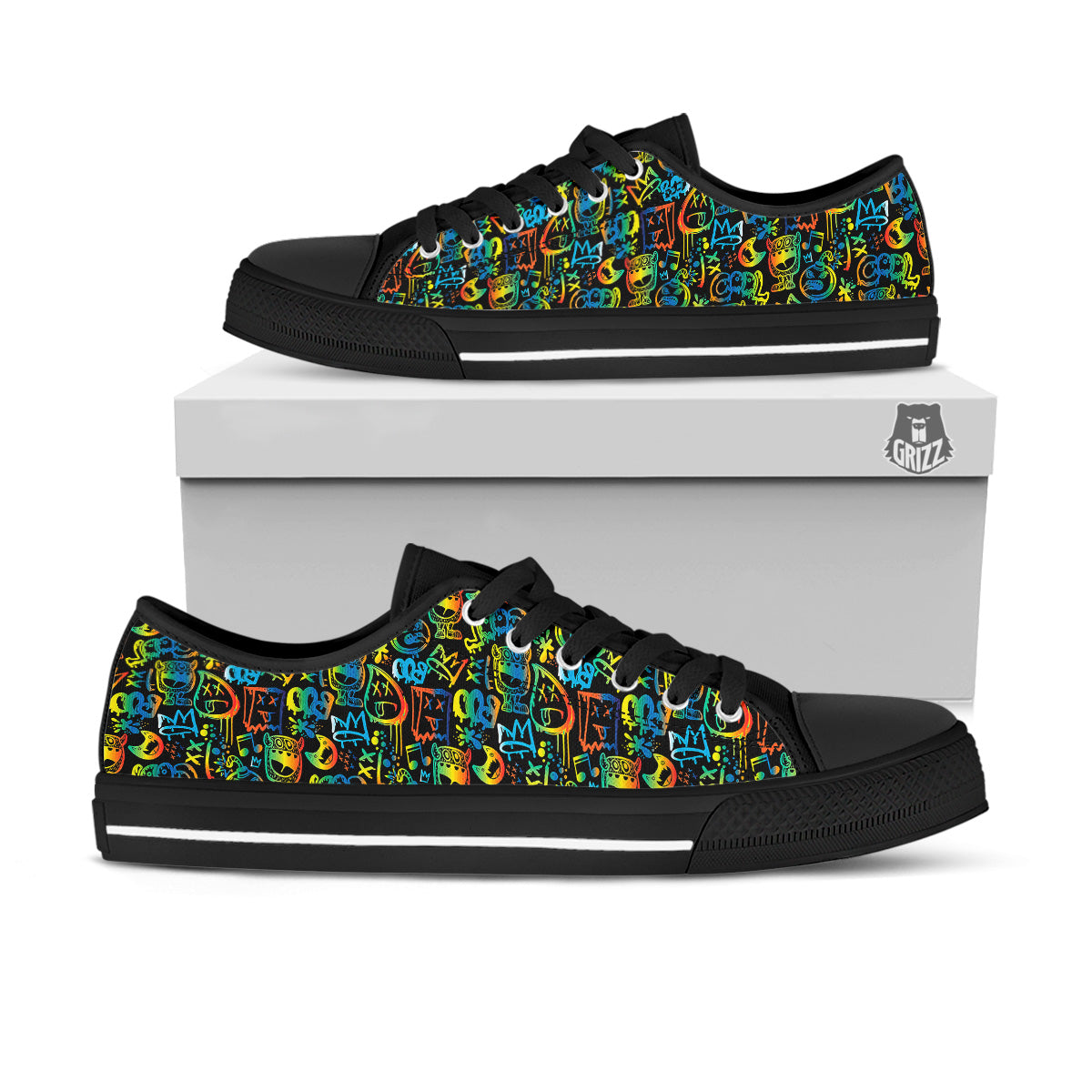 Abstract Graffiti Neon Monsters Print Pattern Black Low Top Shoes-grizzshop