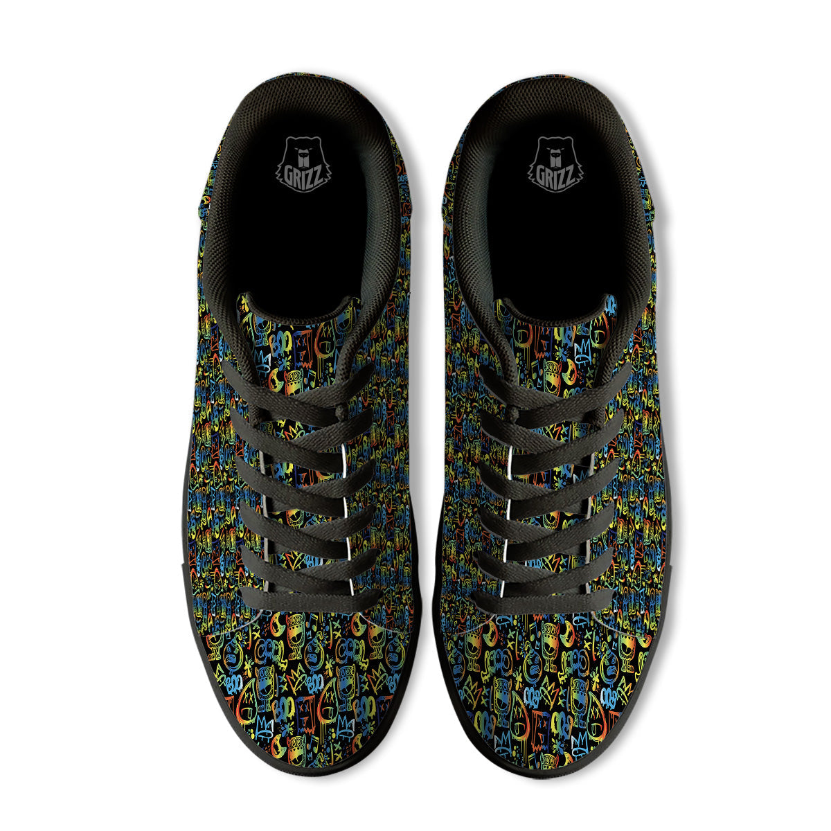 Abstract Graffiti Neon Monsters Print Pattern Black Low Top Sneakers-grizzshop