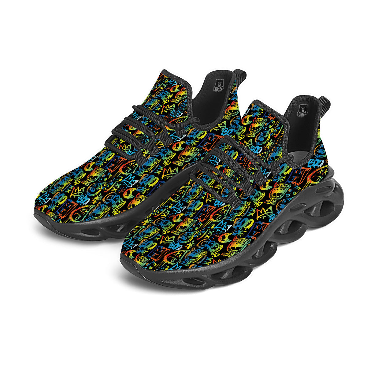 Abstract Graffiti Neon Monsters Print Pattern Black Running Shoes-grizzshop