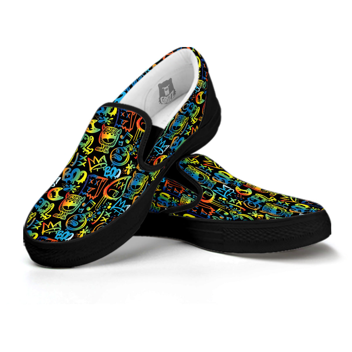 Abstract Graffiti Neon Monsters Print Pattern Black Slip On Shoes-grizzshop