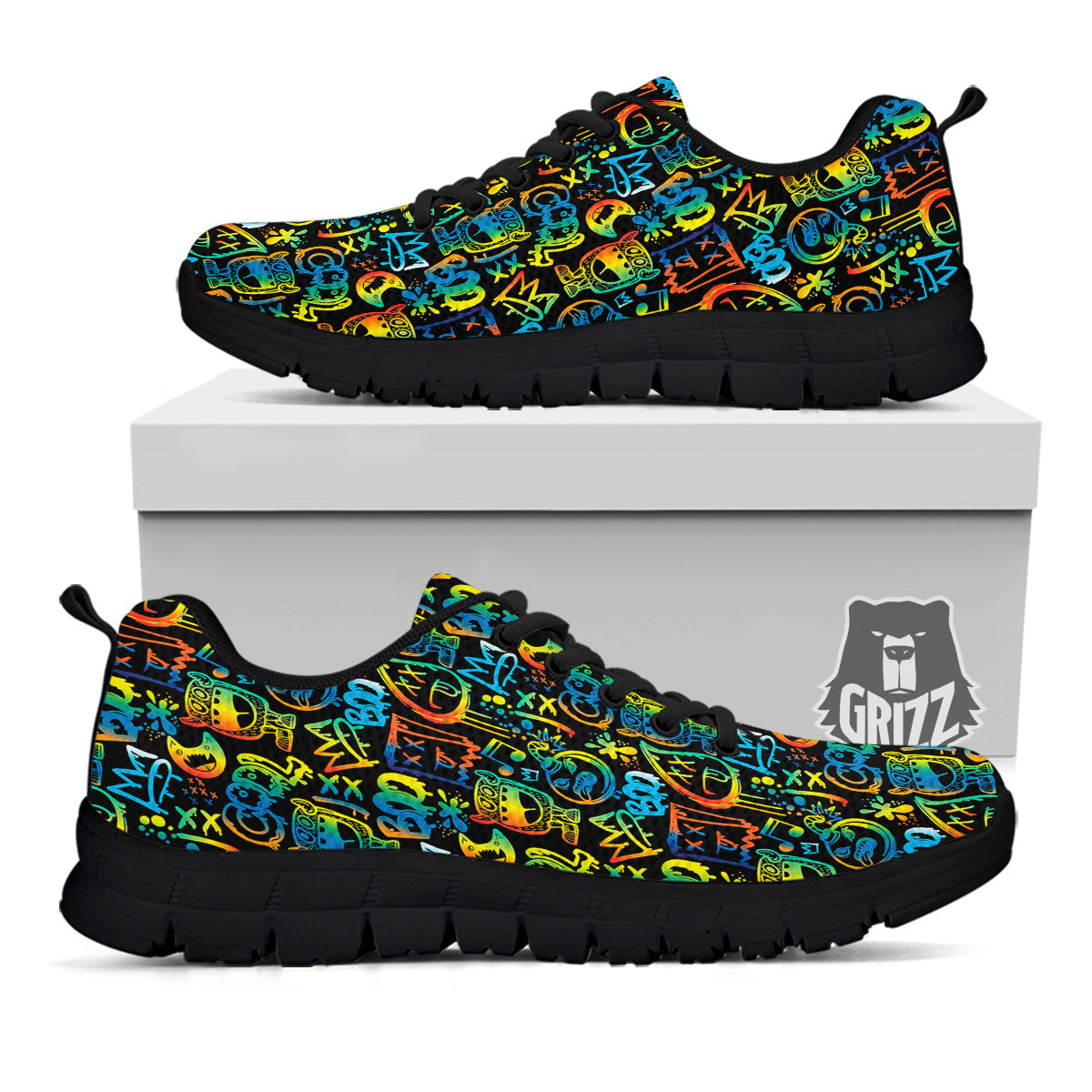 Abstract Graffiti Neon Monsters Print Pattern Black Sneaker-grizzshop