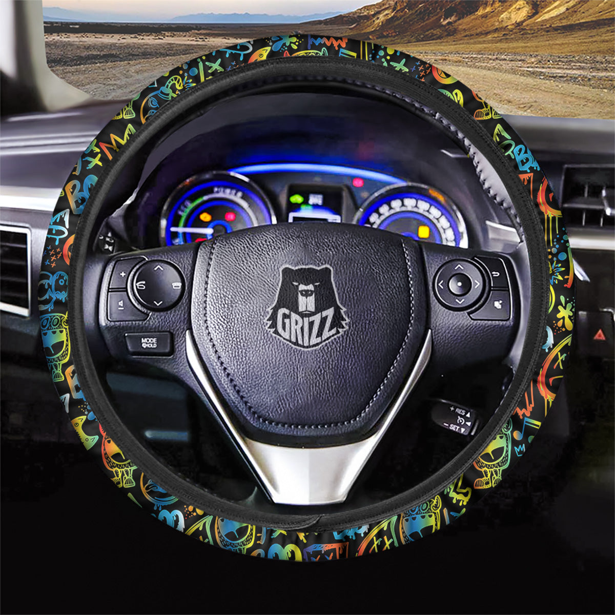 Abstract Graffiti Neon Monsters Print Pattern Car Steering Wheel Cover-grizzshop