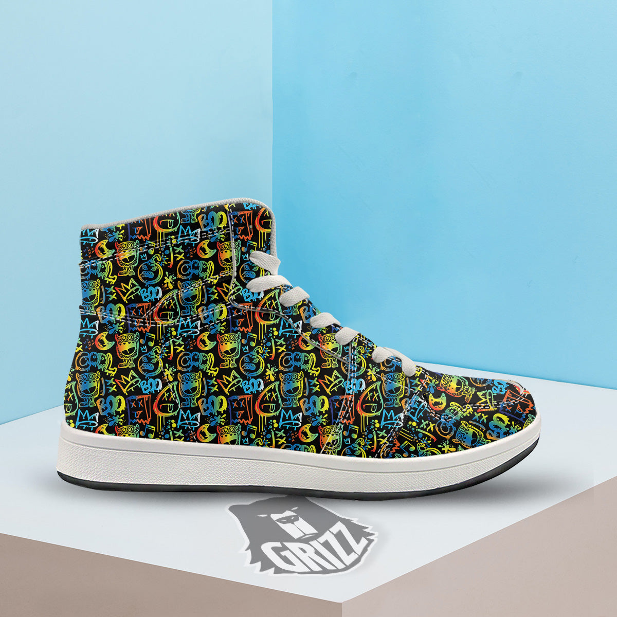 Abstract Graffiti Neon Monsters Print Pattern High Top Sneakers-grizzshop