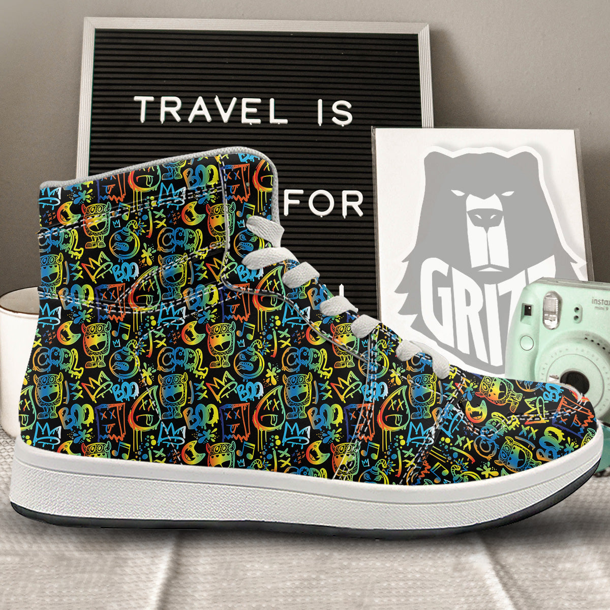 Abstract Graffiti Neon Monsters Print Pattern High Top Sneakers-grizzshop