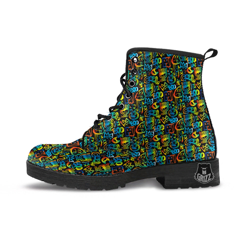 Abstract Graffiti Neon Monsters Print Pattern Leather Boots-grizzshop