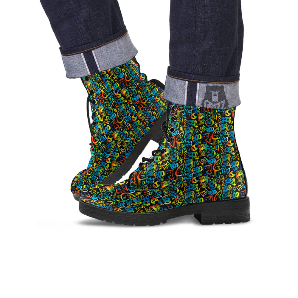 Abstract Graffiti Neon Monsters Print Pattern Leather Boots-grizzshop