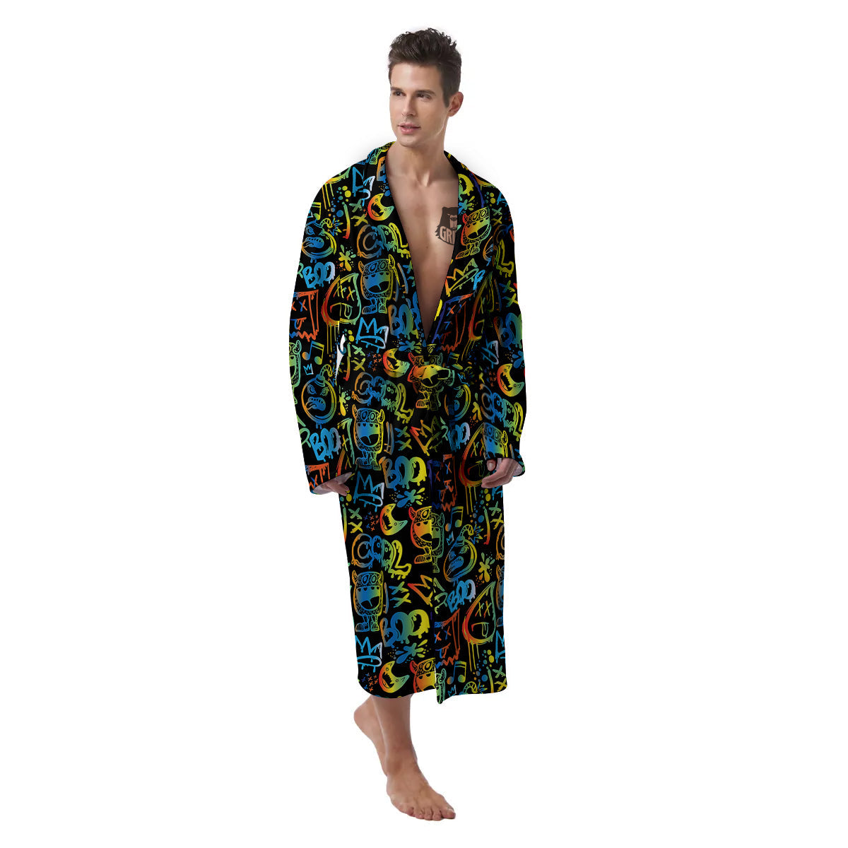 Abstract Graffiti Neon Monsters Print Pattern Men's Robe-grizzshop