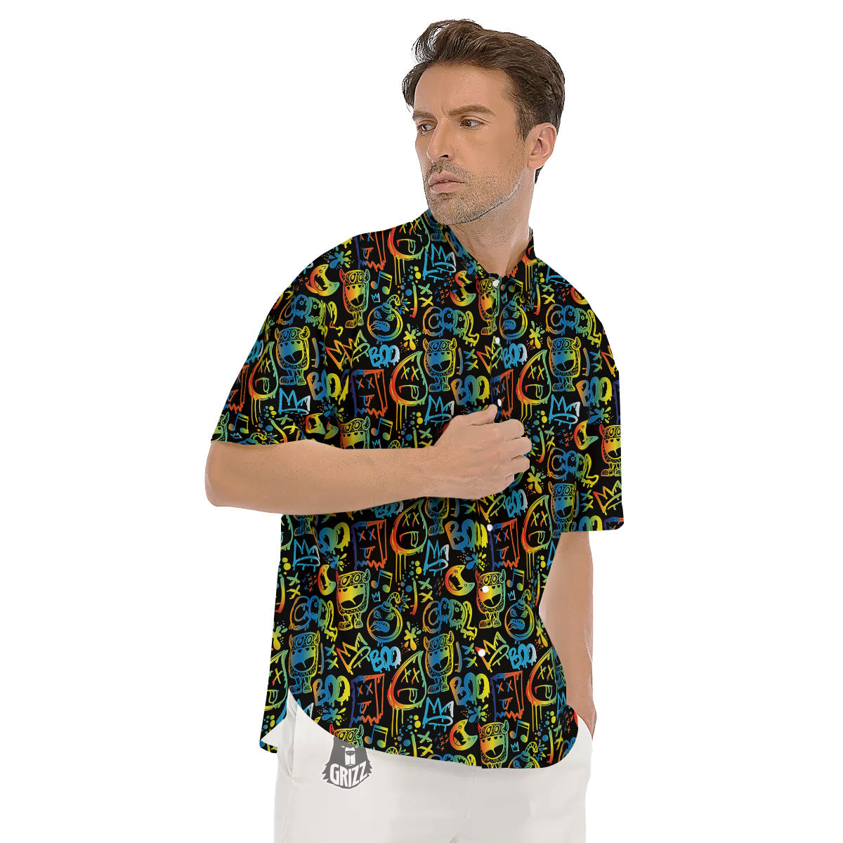 Abstract Graffiti Neon Monsters Print Pattern Men's Short Sleeve Shirts-grizzshop