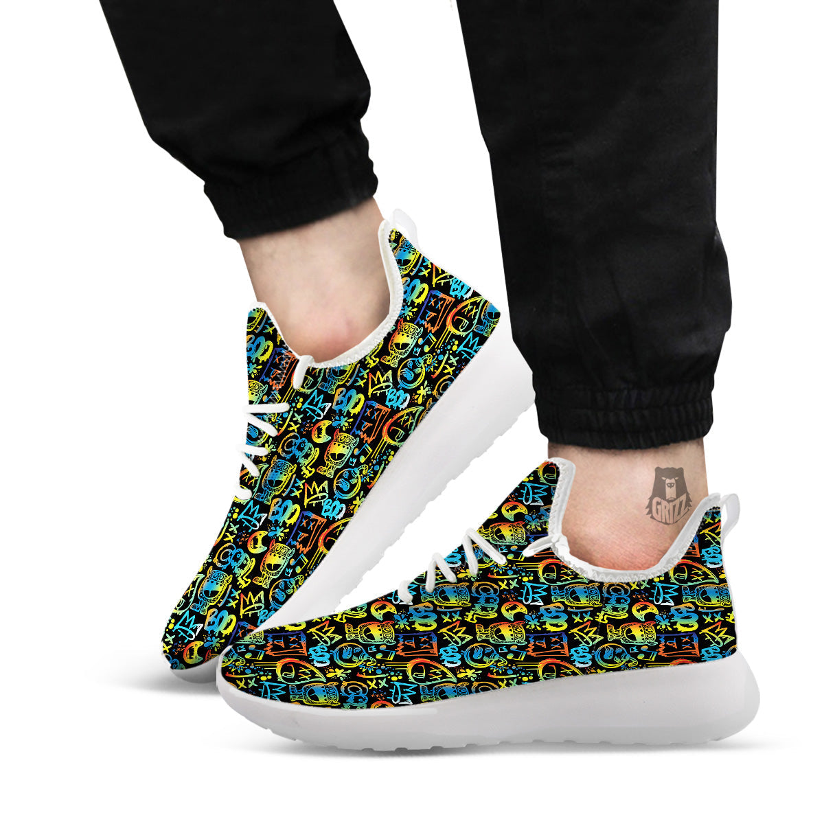 Abstract Graffiti Neon Monsters Print Pattern White Athletic Shoes-grizzshop