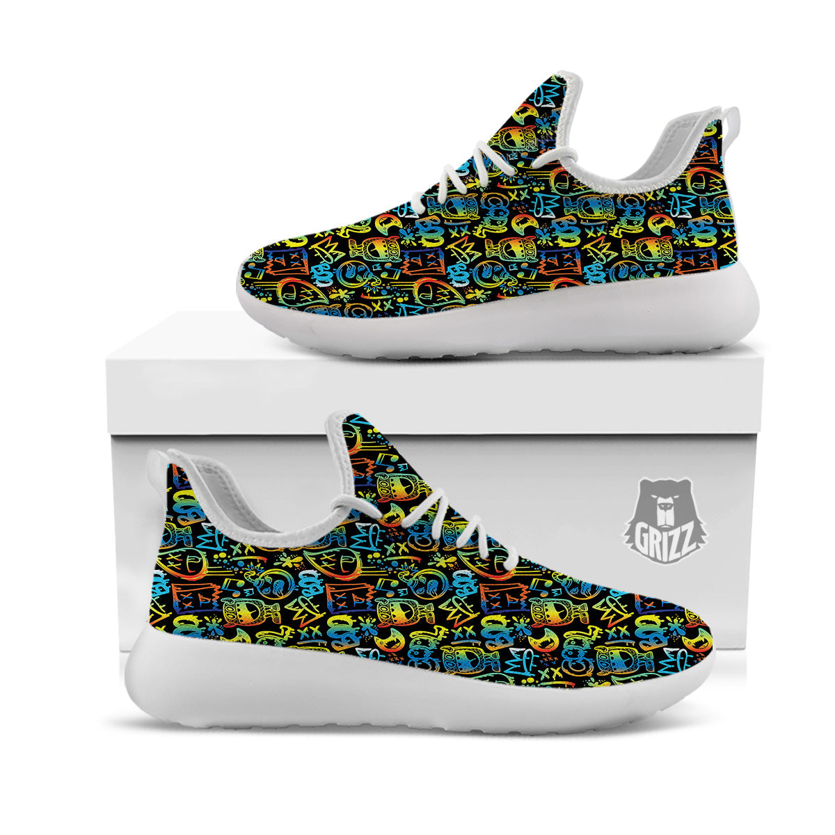 Abstract Graffiti Neon Monsters Print Pattern White Athletic Shoes-grizzshop