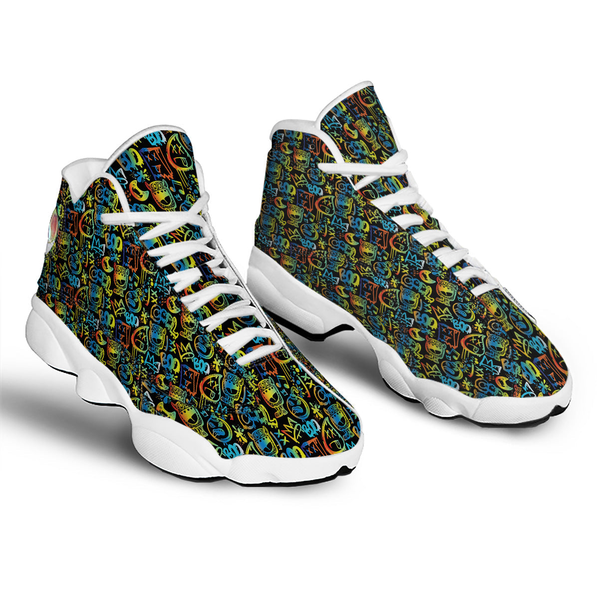 Abstract Graffiti Neon Monsters Print Pattern White Basketball Shoes-grizzshop