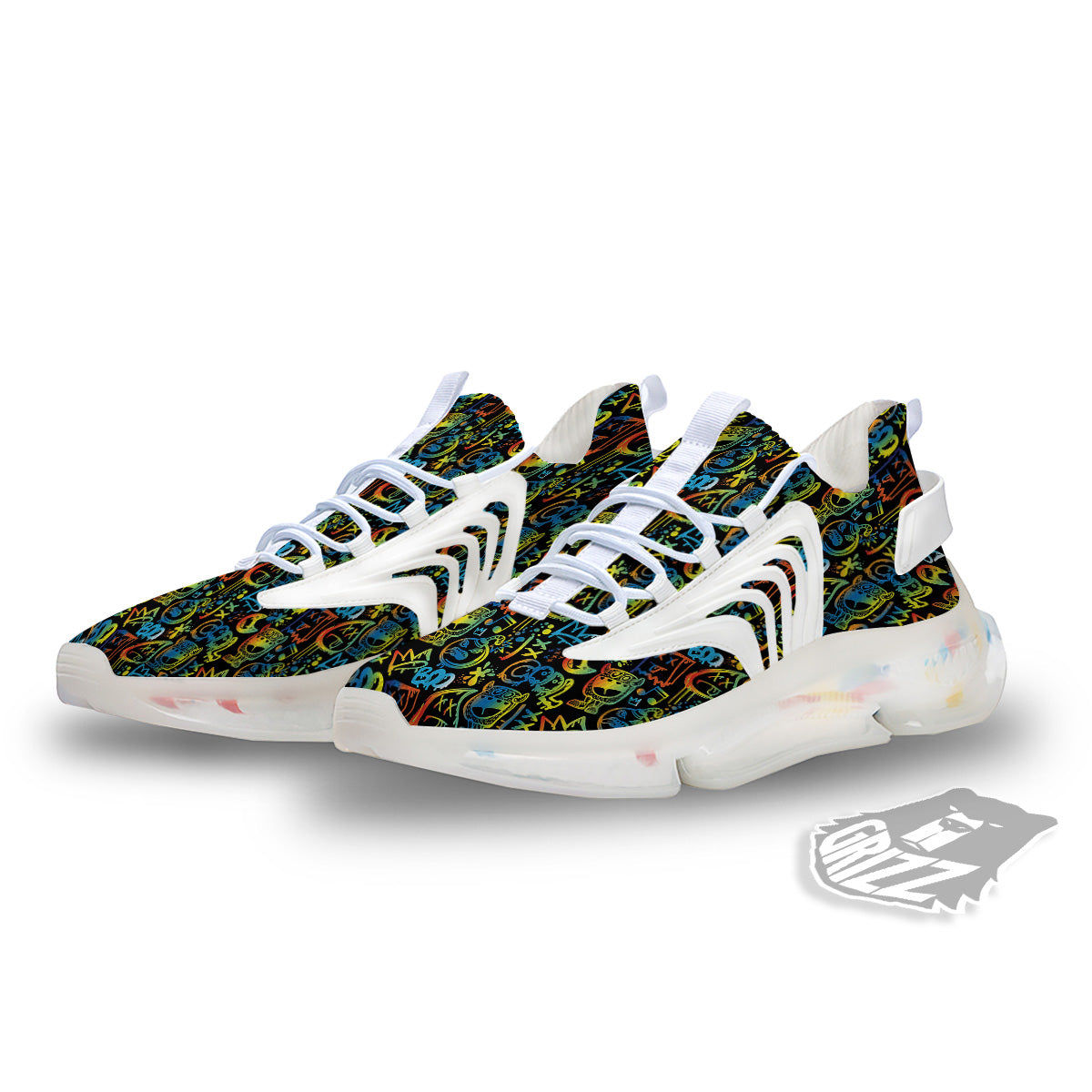 Abstract Graffiti Neon Monsters Print Pattern White Gym Shoes-grizzshop