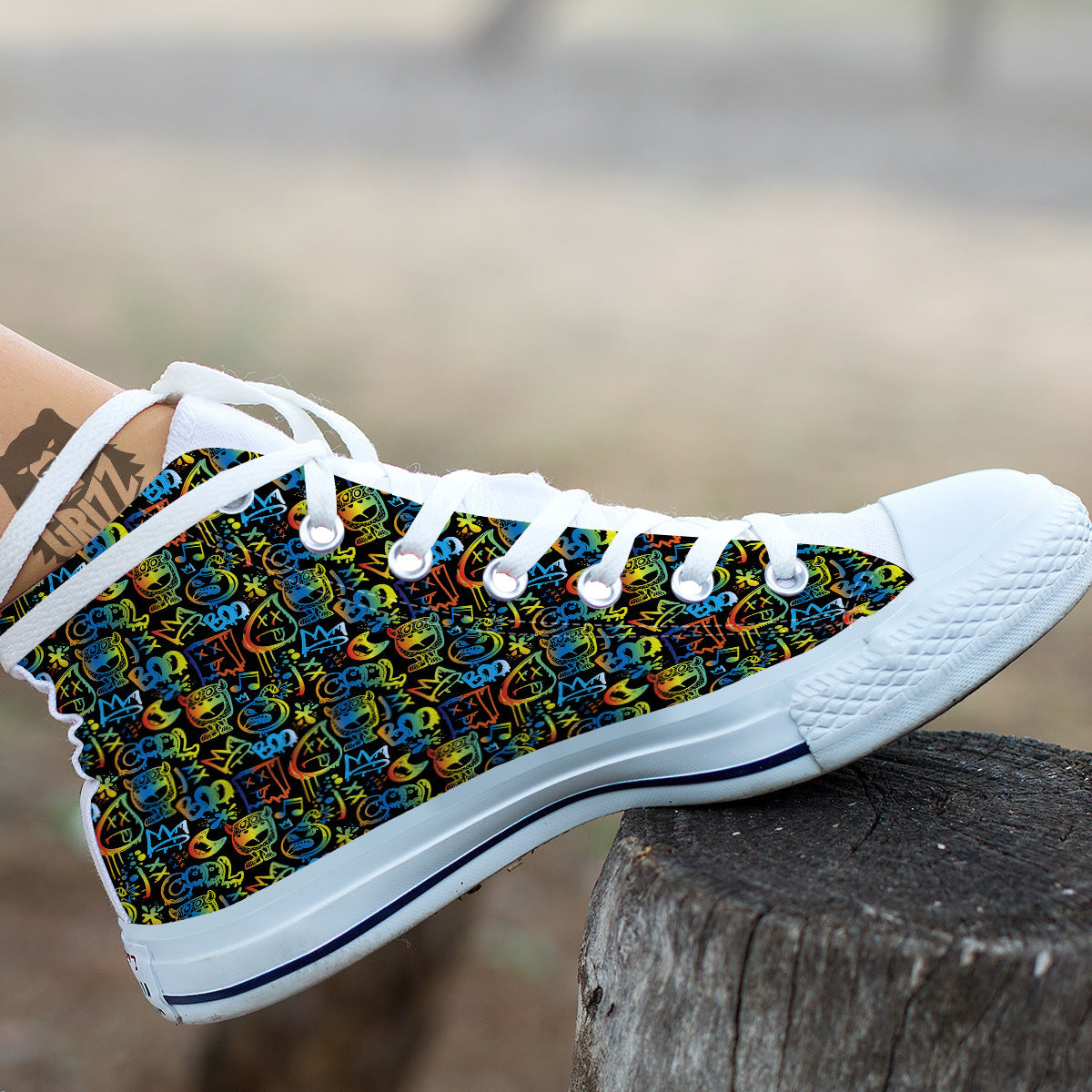 Abstract Graffiti Neon Monsters Print Pattern White High Top Shoes-grizzshop