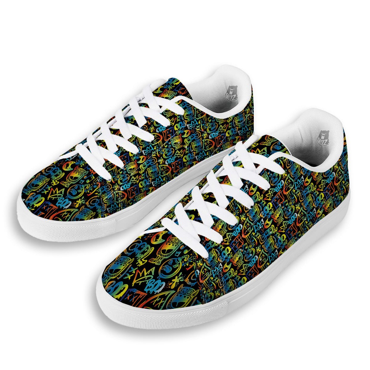 Abstract Graffiti Neon Monsters Print Pattern White Low Top Sneakers-grizzshop