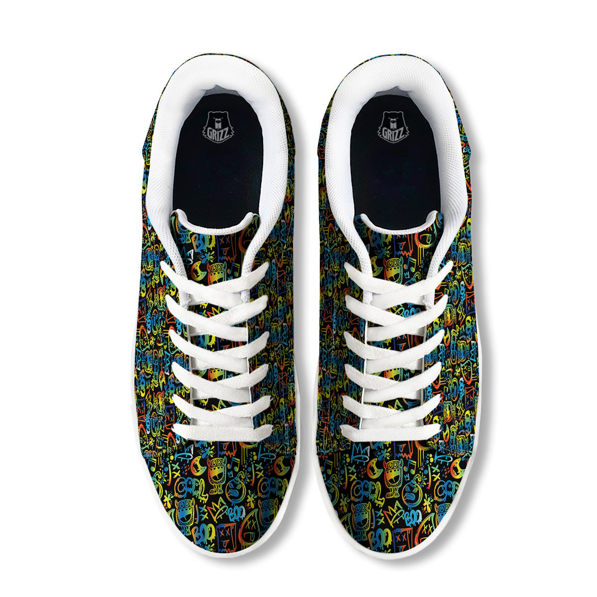 Abstract Graffiti Neon Monsters Print Pattern White Low Top Sneakers-grizzshop