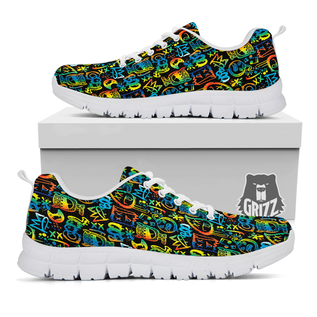 Abstract Graffiti Neon Monsters Print Pattern White Sneaker-grizzshop