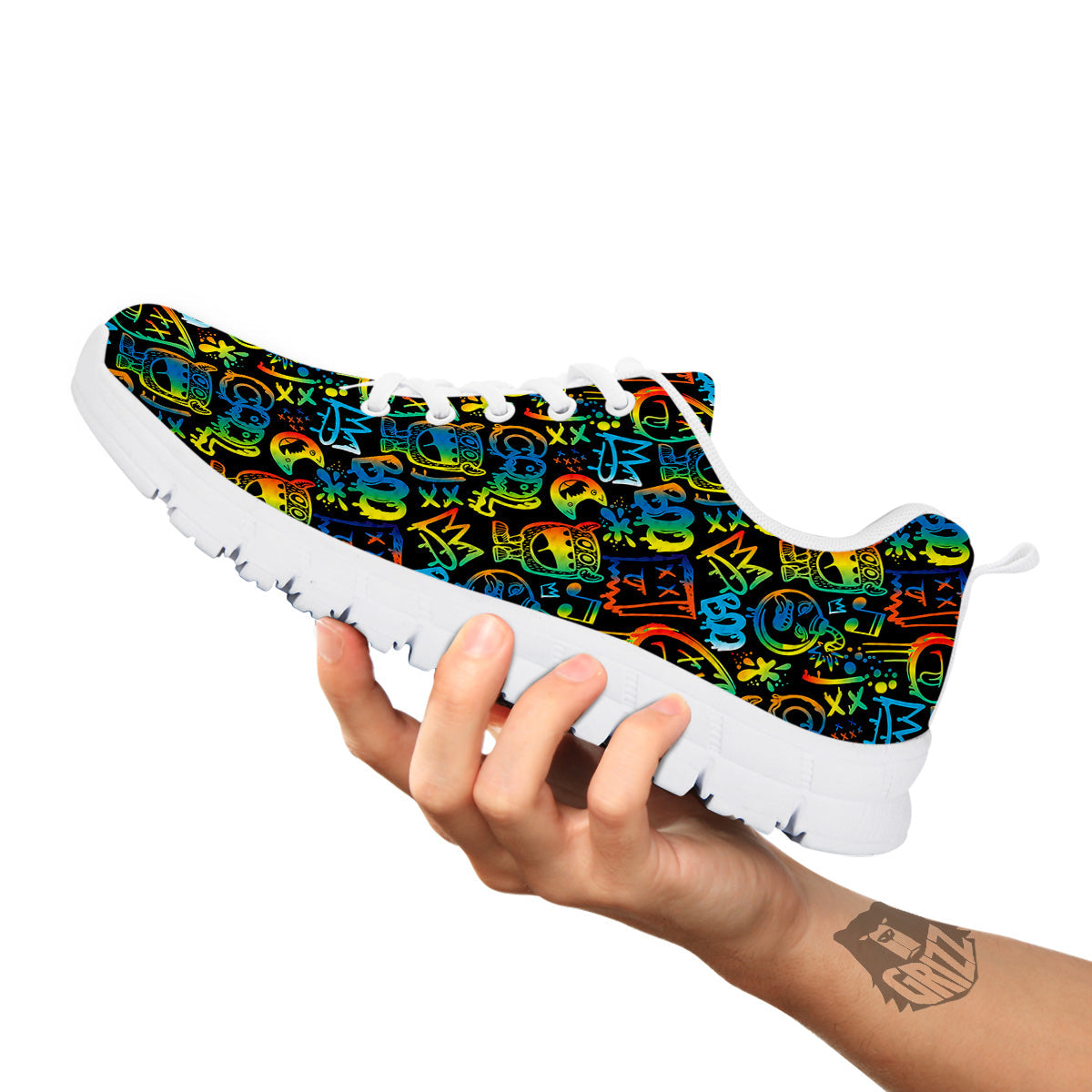 Abstract Graffiti Neon Monsters Print Pattern White Sneaker-grizzshop