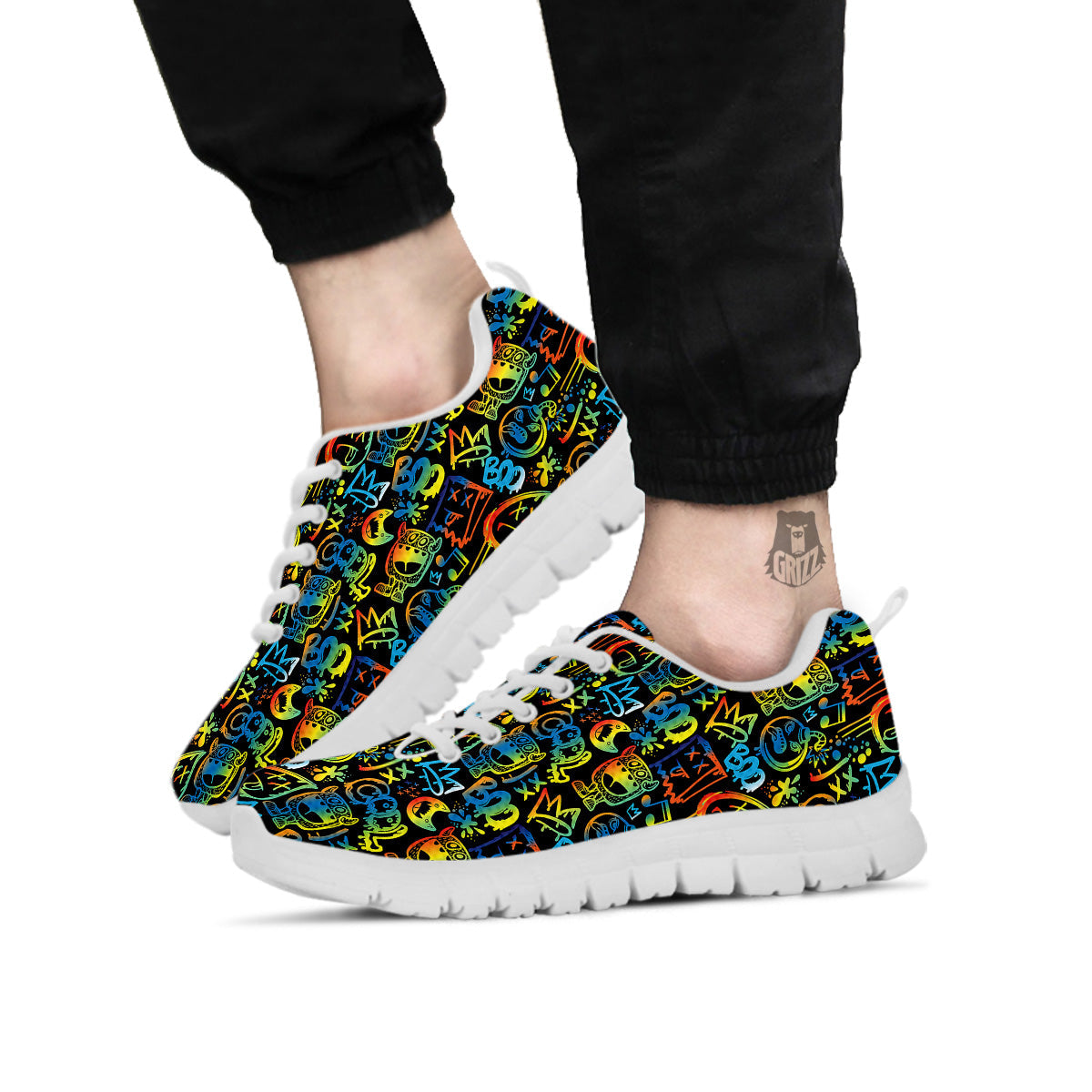 Abstract Graffiti Neon Monsters Print Pattern White Sneaker-grizzshop