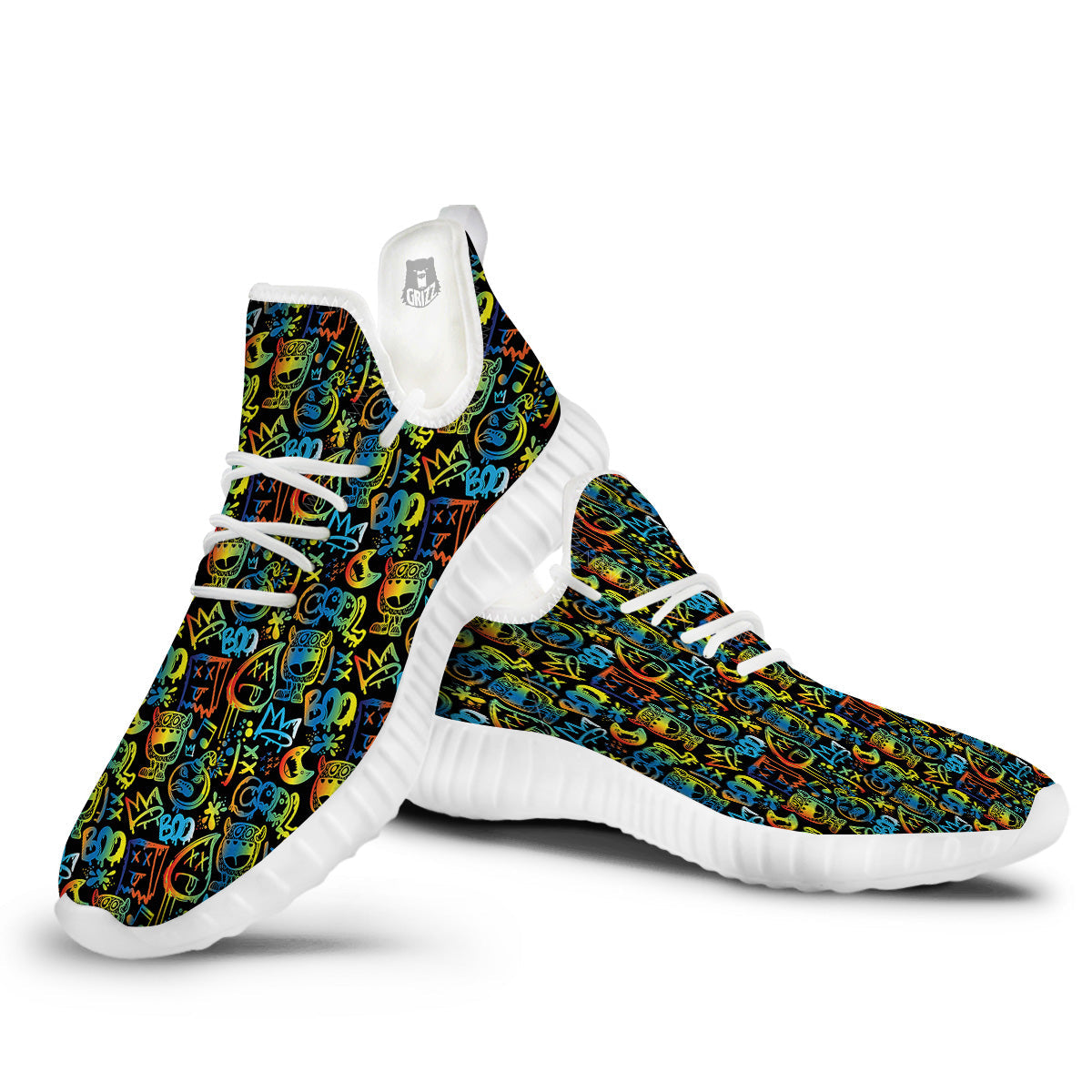 Abstract Graffiti Neon Monsters Print Pattern White Walking Shoes-grizzshop