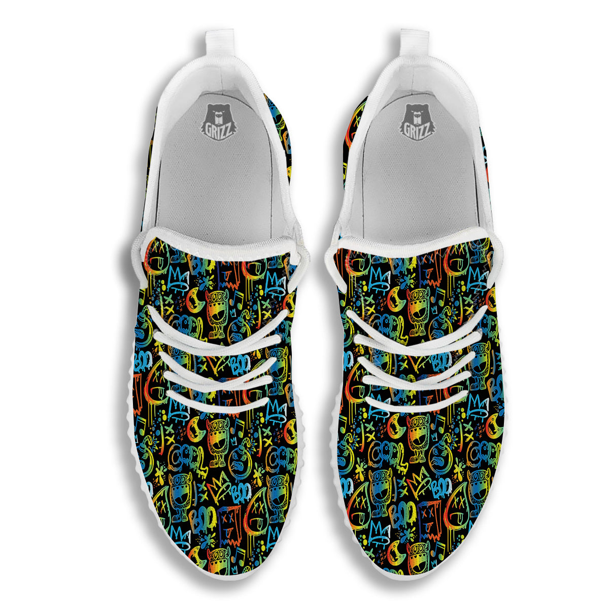 Abstract Graffiti Neon Monsters Print Pattern White Walking Shoes-grizzshop