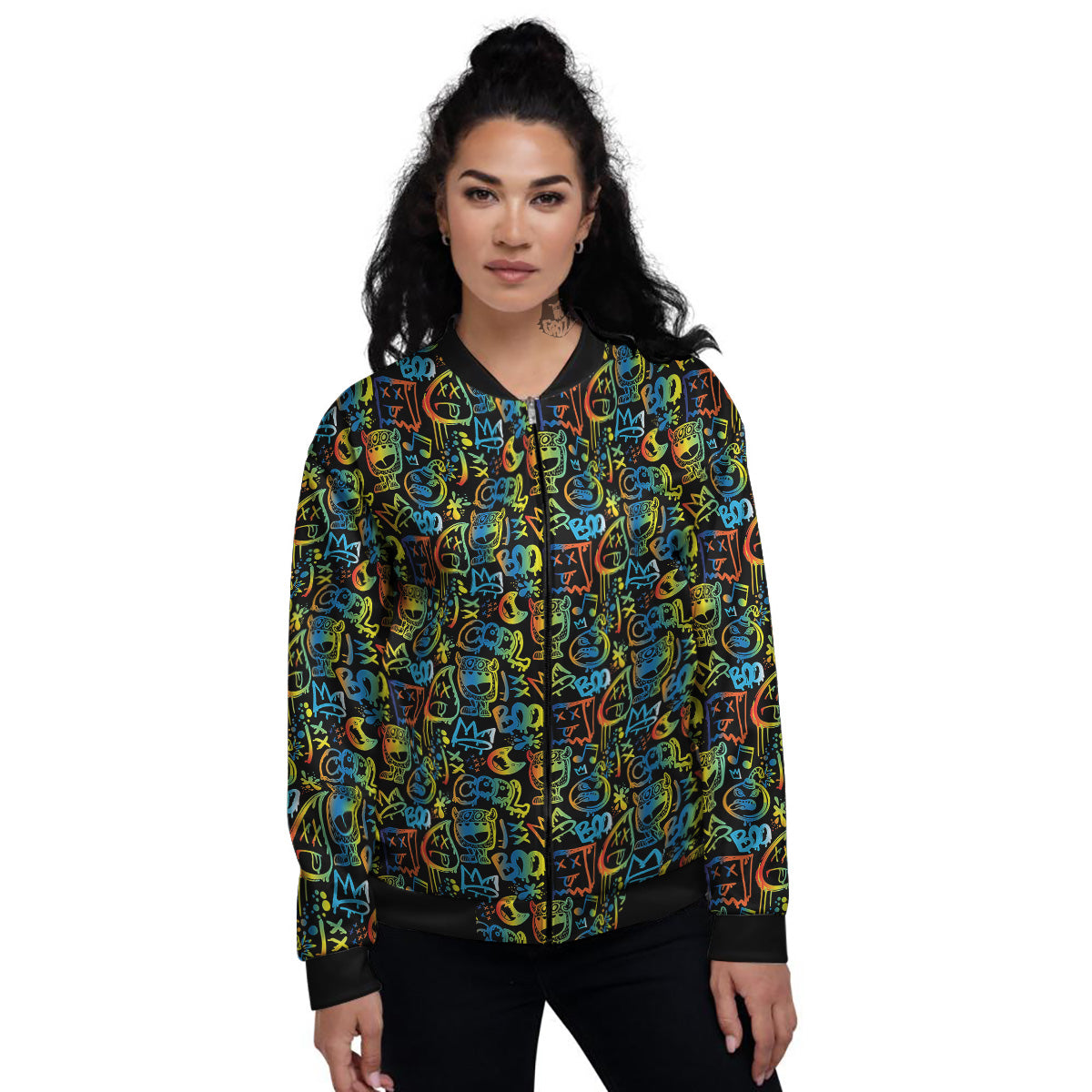 Abstract Graffiti Neon Monsters Print Pattern Women's Bomber Jacket-grizzshop