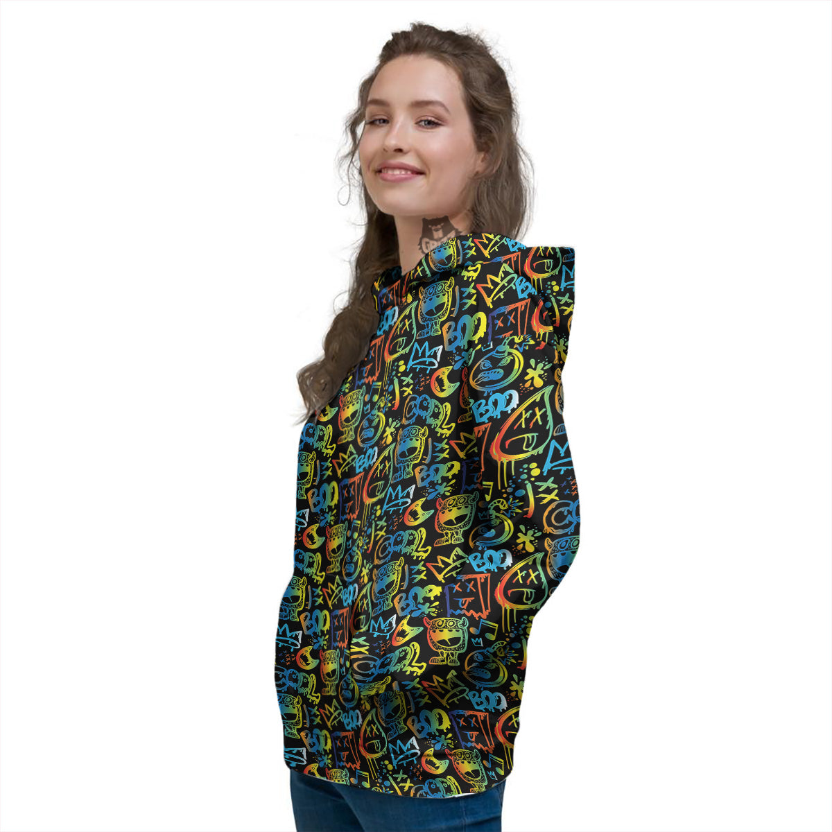 Abstract Graffiti Neon Monsters Print Pattern Women's Hoodie-grizzshop