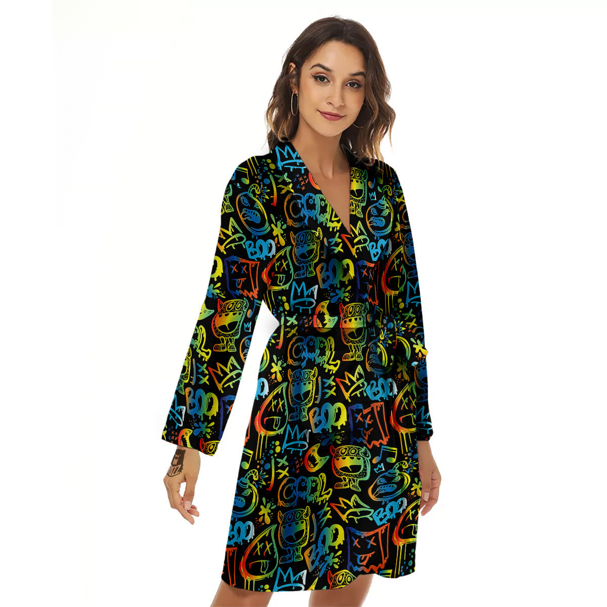 Abstract Graffiti Neon Monsters Print Pattern Women's Robe-grizzshop