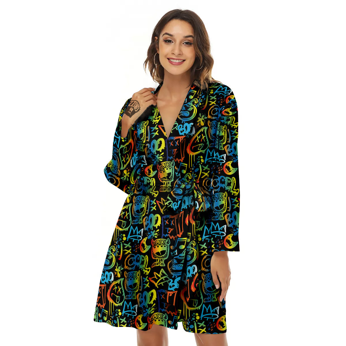 Abstract Graffiti Neon Monsters Print Pattern Women's Robe-grizzshop