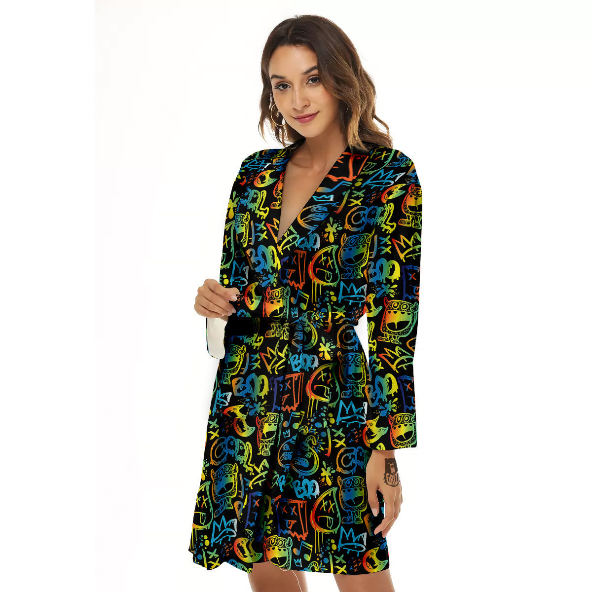 Abstract Graffiti Neon Monsters Print Pattern Women's Robe-grizzshop