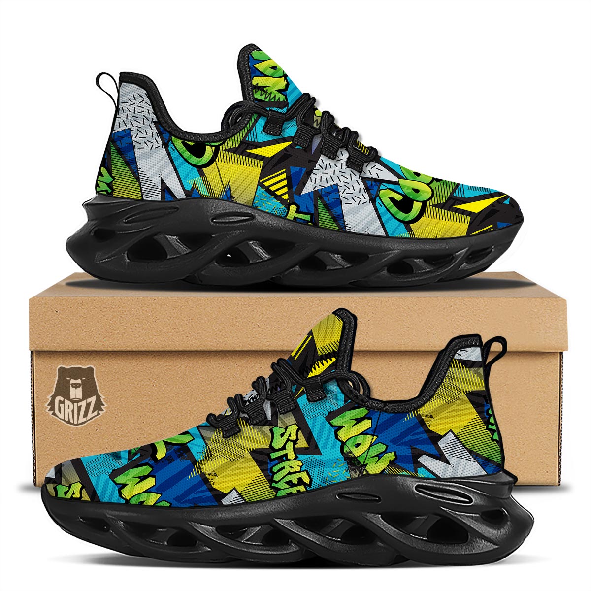 Abstract Graffiti Print Black Running Shoes-grizzshop